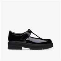 Clarks Girls Prague Brill Older Black Patent T Bar Shoes Leather School