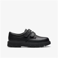 Clarks Boys Lorcam Loop Kid Black Leather School Shoes,Riptape Leather School