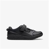 Clarks Boys Clowder Stripe Kid Black Leather School Shoes,Riptape Leather School