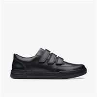 Clarks Boys Fawn Bar Youth Black Leather School Shoes,Riptape Leather School