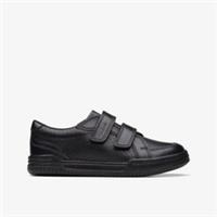Clarks Boys Fawn Strap Kid Black Leather School Shoes,Riptape Leather School
