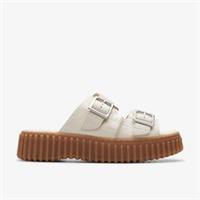 Clarks Womens Torhill Slide Cream Interest Flat Sandals,Slip Ons Leather Casual