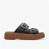 Clarks Womens Torhill Slide Black Leather Flat Sandals,Slip Ons Leather Casual