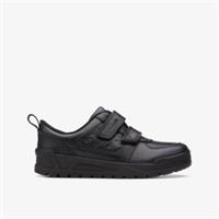 Clarks Boys Palmer Steggy Kid Black Leather School Shoes,Riptape Leather School