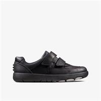 Clarks Boys Rex Pace Kid Black Leather School Shoes,Riptape Leather School