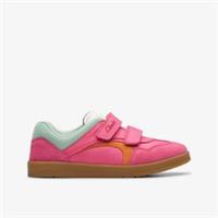 Clarks Girls Disco Vibe Kid Hot Pink Trainers,Riptape Leather Casual