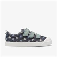 Clarks Girls City Path Kid Navy Print Canvas,Riptape Textile Casual