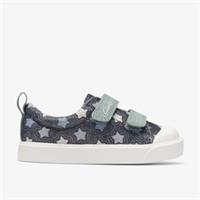 Clarks Girls City Path Toddler Navy Print Canvas,Riptape Textile Casual