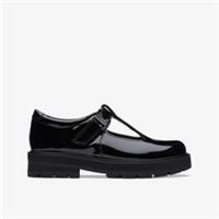 Clarks Girls Prague Brill Older Black Patent T Bar Shoes,School Shoes Leather