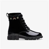 Clarks Girls Evyn Charm Kid Black Patent Ankle Boots,Lace Up Leather Casual
