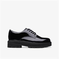 Clarks Girls Prague Lace Older Black Patent Brogues,School Shoes Leather School