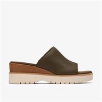 Clarks Womens Diaz Slide Dark Olive Leather Slip Ons,Wedges Leather Casual