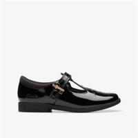 Clarks Girls Lock Shine Kid Black Patent T Bar Shoes,School Shoes Patent School