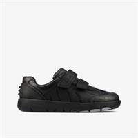 Clarks Boys Rex Stride Kid Black Leather Riptape,School Shoes Leather School