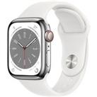 APPLE Watch Series 8 Cellular - Silver with White Sports Band, 41 mm, Silver/Grey,White