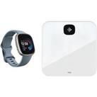 Fitbit Versa 4 Smart Watch & Aria Air Smart Scale Bundle - Waterfall Blue & White, Silver/Gr