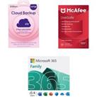 Microsoft 365 Family (12 months (automatic renewal), 6 users), McAfee LiveSafe (1 year, unlimited de
