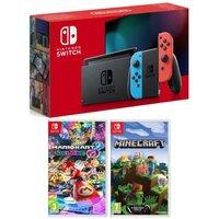 Nintendo Switch Neon Red & Blue, Minecraft & Mario Kart 8 Deluxe Bundle, Black