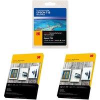 KODAK Remanufactured Epson T18 Black, Cyan, Magenta & Yellow Ink Cartridges Multipack & Photo Paper Bundle - 50 Sheets, 2 Packs, Black,Yellow,Cyan,Magenta