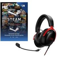 Hyperx Cloud III Gaming Headset (Black & Red) & Steam Wallet Card (£20) Bundle, Black,Red