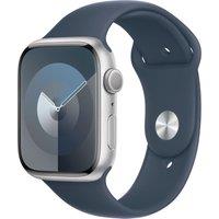 APPLE Watch Series 9 - 45 mm Silver Aluminium Case with Storm Blue Sport Band, S/M, Silver/Grey,Blue
