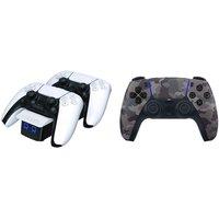 Playstation PS5 DualSense Wireless Controller (Grey) & Twin Docking Station (White) Bundle