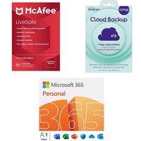 Microsoft 365 Personal (12 months (automatic renewal), 1 user), Cloud Backup (4 TB, 1 year) & LiveSafe (1 year, unlimited devices) Bundle