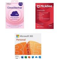 Microsoft 365 Personal (12 months (automatic renewal), 1 user), McAfee LiveSafe (1 year, unlimited devices) & Cloud Backup (4 TB, 3 years) Bundle