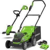 GREENWORKS GWGD24X2LM36LT25K4X Cordless Rotary Lawn Mower and Line Trimmer Set with 2 Batteries - Green & Black