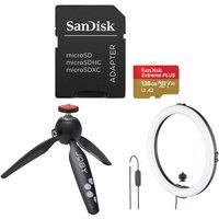 Sandisk 128 GB Extreme Plus Class 10 microSDXC Memory Card, HandyPod 2 & Beamo Ring Light 12" Bundle