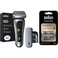 Braun Series 9 Pro 9477CC Wet & Dry Foil Shaver, SmartCare Centre & PowerCase (Silver) & Series 9 94M Electric Shaver Head Replacement (Silver) Bundle, Silver/Grey