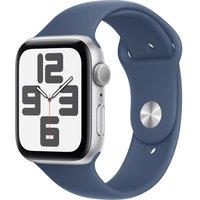 APPLE Watch SE - 44 mm Silver Aluminium Case with Denim Sport Band, S/M, Silver/Grey,Blue