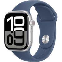 APPLE Watch Series 10 - 42 mm Jet Silver Aluminium Case with Denim Sport Band, M/L, Silver/Grey,Blue