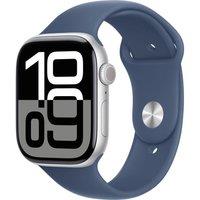 APPLE Watch Series 10 Cellular - 46 mm Silver Aluminium Case with Denim Sport Band, S/M, Silver/Grey,Blue
