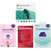 Mcafee 365 Family (12 months (automatic renewal) for 6 users), Secure VPN (1 year subscription, Download), Cloud Backup (4 TB, 1 year) & LiveSafe (1 year for unlimited devices) Bundle