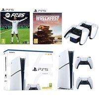 PlayStation 5 (Model Group - Slim), EA Sports FC 25, Wreckfest, DualSense Wireless Controller (White) & Twin Docking Station Bundle, White