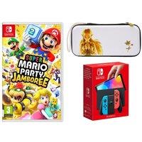 Nintendo Switch OLED (Neon Red & Blue), Super Mario Party Jamboree & Princess Zelda Slim Travel Pro Nintendo Switch Case Bundle, Red,Blue