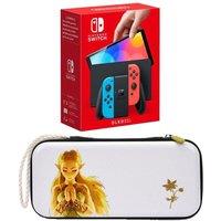 Nintendo Switch OLED (Neon Red & Blue) & Princess Zelda Slim Travel Pro Nintendo Switch Case Bundle, Red,Blue