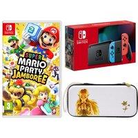 Nintendo Switch (Neon Red & Blue), Super Mario Party Jamboree & Princess Zelda Slim Travel Pro Nintendo Switch Case Bundle, Red,Blue