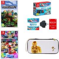 NINTENDO Switch Neon Red & Blue, Sports, Mario Kart 8 Deluxe, Minecraft, Princess Zelda Case & Nintendo Switch Online 12 Month Membership Bundle, Red,Blue