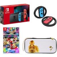 NINTENDO Switch (Neon Red & Blue), Mario Kart 8 Deluxe, Joy-Con Racing Wheels & Princess Zelda Case Bundle, Red,Blue