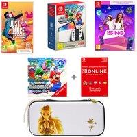 Nintendo Switch OLED White, Super Mario Bros. Wonder Bundle, Let's Sing 2025, 2 Microphones, Just Dance 2025 Nintendo Switch, Zelda Case & Online 12 Month Membership Bundle, White