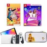 Nintendo Switch OLED (White), Let's Sing 2025, 2 Microphones, Just Dance 2025 & Princess Zelda Case Bundle, White