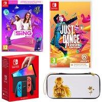 Nintendo Switch OLED (Neon Red & Blue), Let's Sing 2025, 2 Microphones, Just Dance 2025 & Princess Zelda Case Bundle, Red,Blue