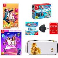 Nintendo Switch Neon Red & Blue, Sports, Let's Sing 2025, 2 Microphones, Just Dance 2025, Princess Zelda Case & Nintendo Switch Online 12 Month Membership Bundle, Red,Blue