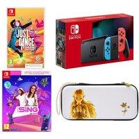 Nintendo Switch (Neon Red & Blue), Let's Sing 2025, 2 Microphones, Just Dance 2025 & Princess Zelda Case Bundle, Red,Blue