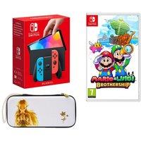 Nintendo Switch OLED (Neon Red & Blue), Mario & Luigi: Brothership & Princess Zelda Case Bundle, Red,Blue