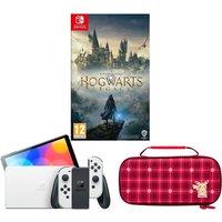 Nintendo Switch OLED White, Hogwarts Legacy & PowerA Protection Case (Pikachu Plaid) Bundle, White