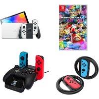 Nintendo Switch OLED White, PowerA Controller Charging Station, Venom Joy-Con Racing Wheels & Mario Kart 8 Deluxe Bundle, White