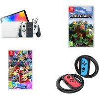 Nintendo Switch OLED White, PowerA Controller Charging Station, Mario Kart 8 Deluxe & Minecraft Bundle, White